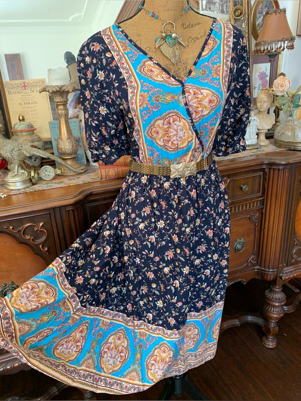 Vintage Boho Hippie Peasant Spring Summer Floral Print Dress